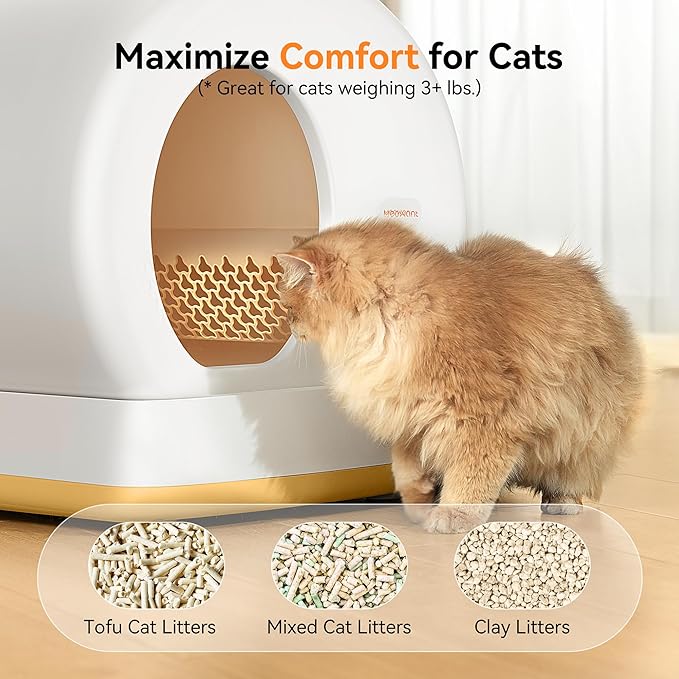 MeoWant Automatic Cat Litter Box，Extra Large Self Cleaning Litter Box for Multiple Cats, App Control, Odor Free, Safety Protection with Trash Bags, Yellow