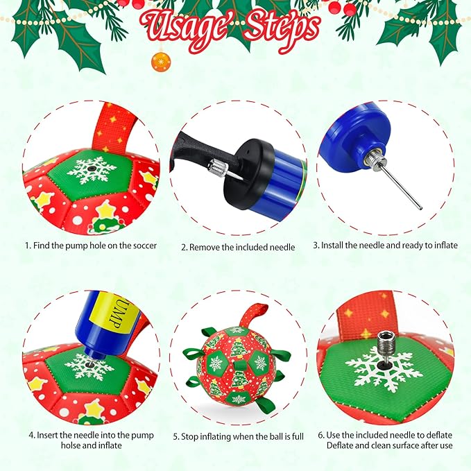 Dog Soccer Toy with Straps - Interactive Ball for Tug of War, Medium Large Dogs - Christmas Xmas Tree Snowflower Pattern