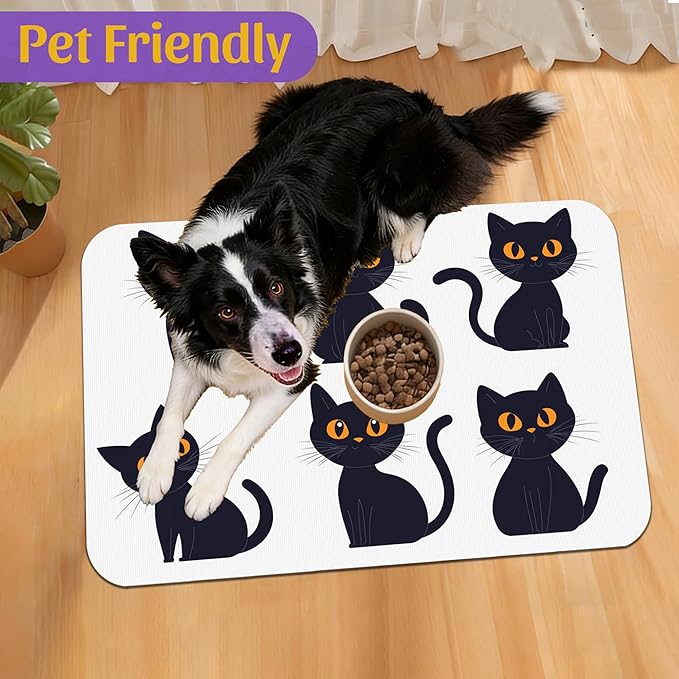 Cute Black Cats Pet Feeding Mat, Absorbent Dog and Cat Bowl Pad, Fast Dry, Non-Slip Back – 12x20 Inch