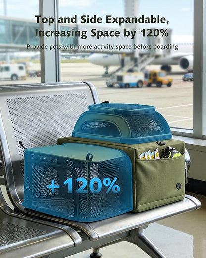 Pecute Top Side Expandable Pet Carrier Airline Approved Dog Cat Carrier, Breathable Soft-Sided with Locking Zippers, Pet Travel Bag for Small Dog Cat Leakproof Pee Pad (Olive Green)