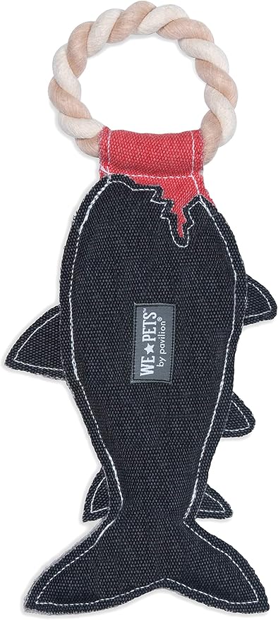 Pavilion Gift Company - My Bark is Worse Than My Bite - 13 Inch Large Canvas Tug of War Shark Shaped Dog Rope Toy - Sturdy & Durable