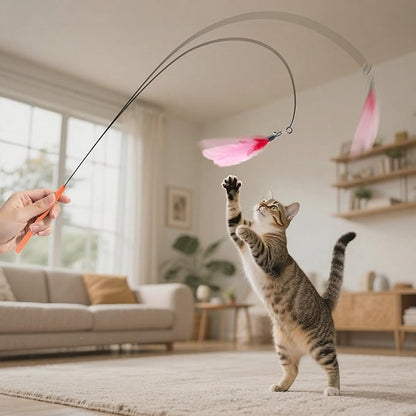 Cat Feather Wands with Replacement Feathers, Interactive Wand Toys, Feathers & Bell, Teaser Wand for Kittens and Adult Cats, Indoor Play to Exercise
