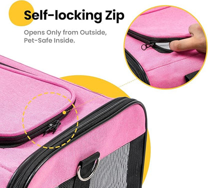 Cat Carrier Airline Approved, Soft-Sided Dog Carrier with Inner Safety Leash, Pet Transport Carrier for Small-Medium Cats Puppies up to 15 Lbs, Collapsible Travel Kitten Carrier Bag -Pink M