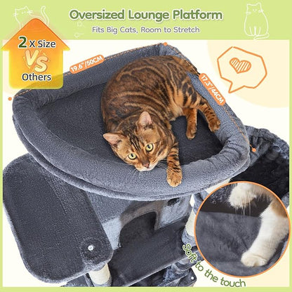 Taoqimiao 72 Inch Cat Tree, XXL Cat Tower for Indoor Cats Large Adult 25Lbs+, Extra-Large Platform, 2 Cat Houses, 7 Scratching Post, Extra-Sized Durable Hammock, Cozy Basket, Smoky Gray, F20G
