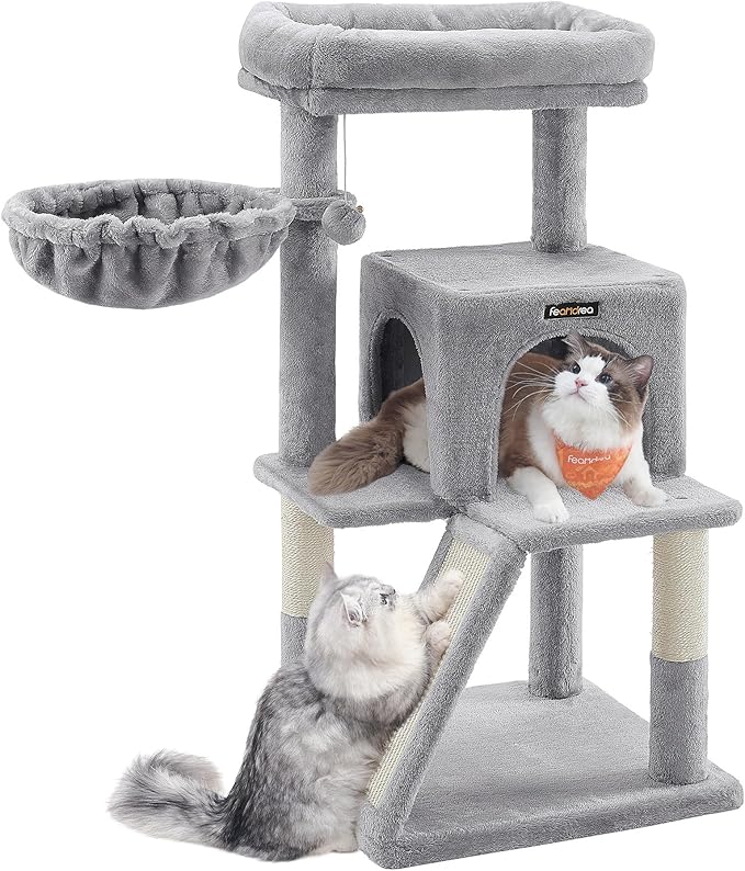 Feandrea Cat Tree, 37.8-Inch Cat Tower, Multi-Level Condo with Widened Perch, Scratching Posts and Ramp, 2-Door Cave, Hammock, Light Gray UPCT51W