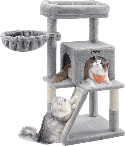 Feandrea Cat Tree, 37.8-Inch Cat Tower, Multi-Level Condo with Widened Perch, Scratching Posts and Ramp, 2-Door Cave, Hammock, Light Gray UPCT51W