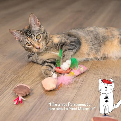 Catstages Purrsecco & Cupcakes Cat Toys, 6-Pack Catnip Toys with Feathers, Crinkle & Mesh, Multicolored