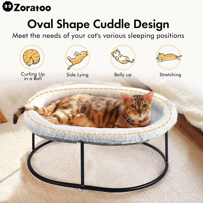 Elevated Cat Hammock Bed for Indoor Cats, Fluffy Warm Cuddle Cats Bed with Detachable Pad Bed Cover, Portable Pet Bed Raised Cuddler for Sleeping Kittens, Small Dog, Oval Cat Hammock Grey