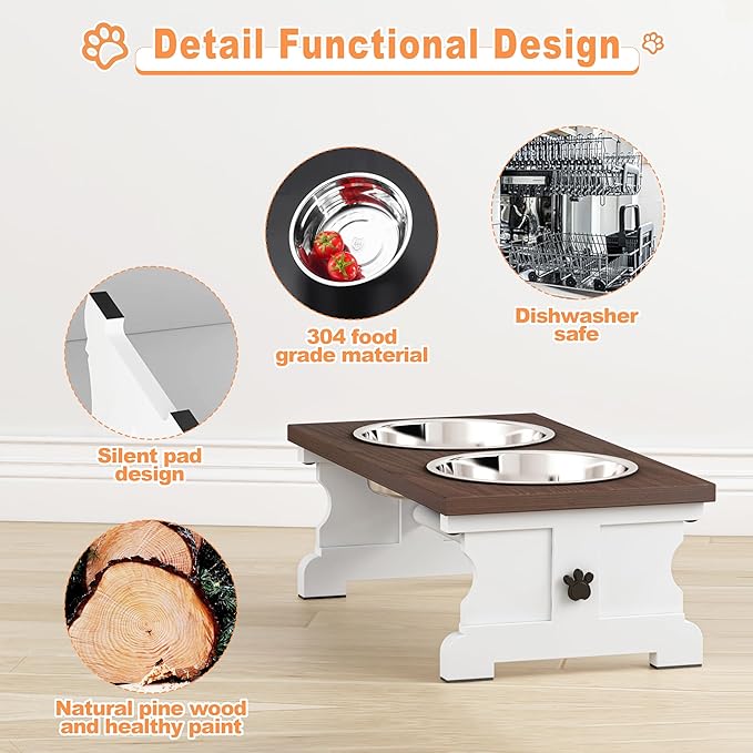 Piskyet Elevated Dog Bowls, Dog Bowls Stand, Raised Dogs Bowl's with 2 Stainless Steel Wooden Dogs Bowl,3.5Cups6''H_30 oz Bowl-Farmhouse Style