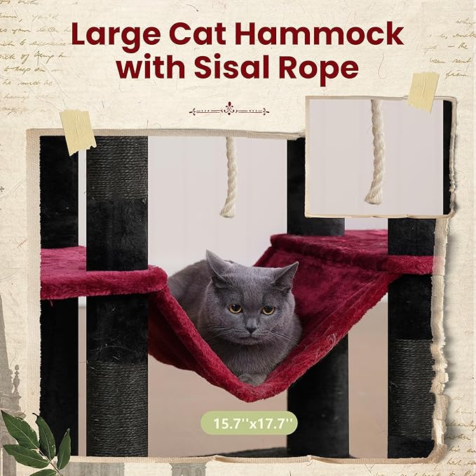 Tall Cat Tree, Large Cat Tower for Adult Cats, 80.7'' (205cm) Heavy-Duty Cat Tree House for Indoor Cats 20 lbs+ with Scratching Posts, 2 Top Perches/Condos, Hammcok, Black(Gothic) GCT034BR