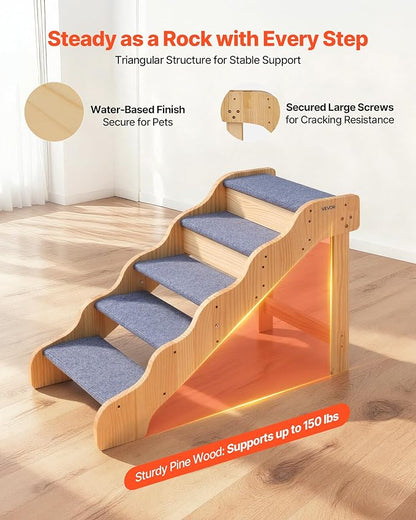 VEVOR Wood Pet Stairs, 5-Step Dog Stairs for High Beds, Sofa & Cars, 150lbs Load Capacity, Non-Slip Surface, Stable Cat & Dog Step Ladder for Small Medium Large Older Pet Puppy Essentials