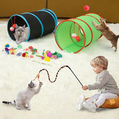 23PCS Assortment of Cat Toys -Foldable Spiral Tunnel,Spring,Mice,Cat Interactive Feather Teaser Wand Ball Toy, Colorful Balls & Bells for Kittens, Cats, and Puppies!