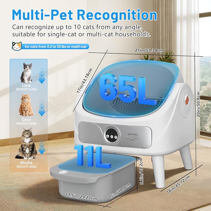 SUW Self Cleaning Cat Litter Box, Open-Top Automatic Litter Box for Multiple Cats, Large Capacity Robot, APP Control, Safety Protection, 2 Rolls Litter Bag Liners, 1 Odor Eliminator