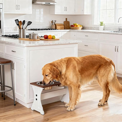 Piskyet Elevated Dog Bowls,Farmhouse Dog Bowls Stand, Raised Dog Bowl with 2 Stainless Steel Wooden Dog Bowl 12 Cups 15.7''H 90 OZ Bowl-Farmhouse Style