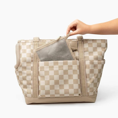 Cleverpup Transit Tote Dog Carrier 4-Piece Set - Premium Lightweight Pet Travel Bag with Plush Teddy Insert, Food Pouch, Air Mesh Opening, Water-Resistant Base & Safety Tether - Medium Checkerboard