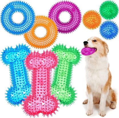 Yunsailing 9 Pcs Dog Squeaky Toys Set, Gift for Dog Squeaky Balls Donut Bone Shape Teething Toys for Small Medium TPR Rubber Pet Chew for Training Fetching Teething