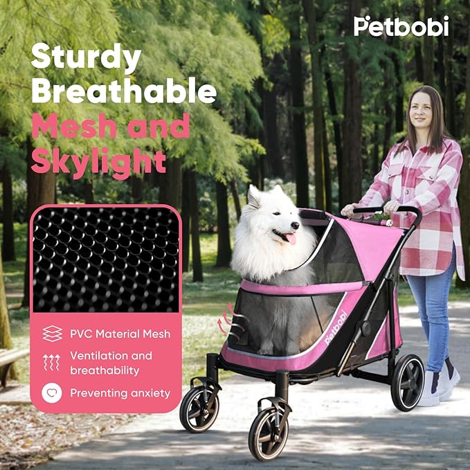 Petbobi Dog Stroller for Large & Medium Dogs - Easy Fold Dual Entry Pet Stroller with One-Foot Brake, All Terrain Wagon Cart with Air Mesh, Ideal for Large Senior Pets up to 80 lbs, Pink