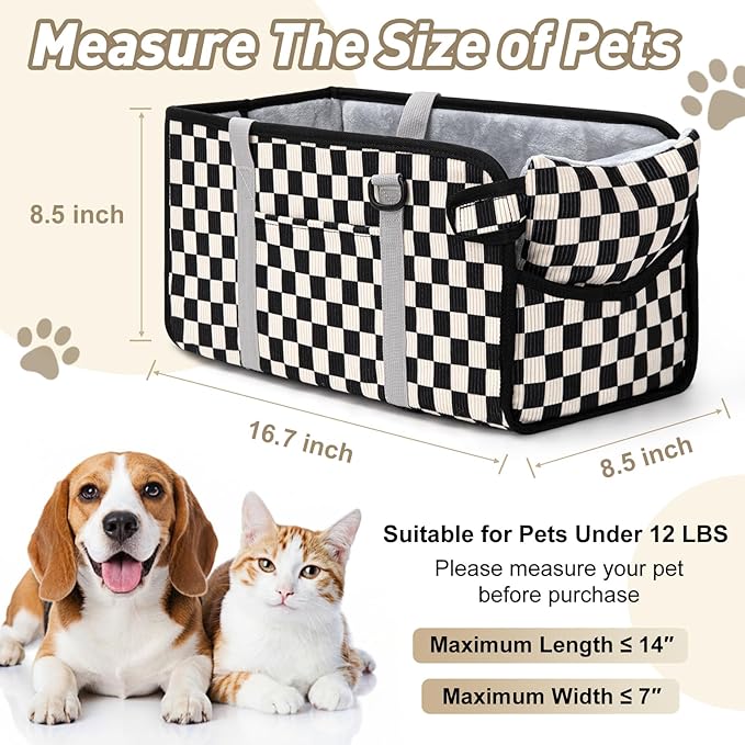 Portable Dog Car Seat for Small Dogs - Pet Booster Seat with Safety Leash & Anti-Collapse Design, Washable Cushion - Center Console Car Travel Carrier for Pets Up to 12 lbs, Black Checkered