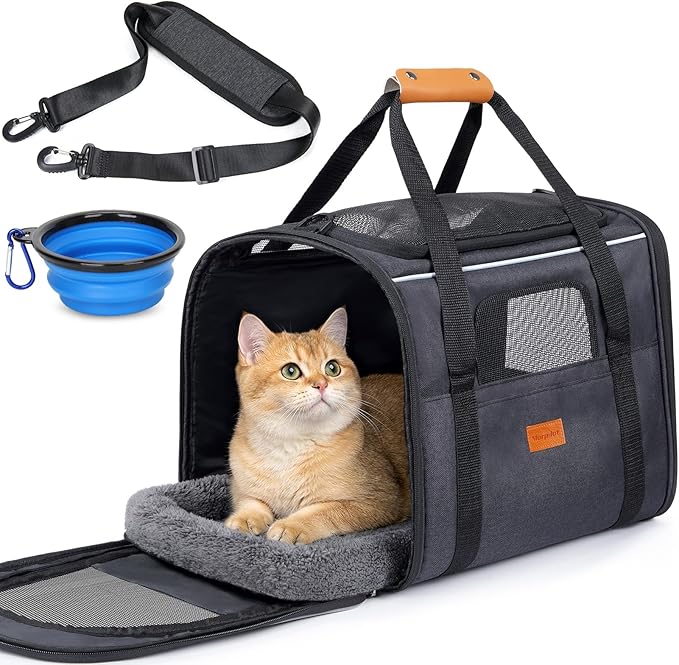 Morpilot Pet Carrier for Large Cats, Puppies & Small DogsUp to 25lbs, Escape-Proof with Locking Zippers, Dual-Sided Cushion, Safety Buckle for Car & Vet Travel, Includes Foldable Bowl (Dark Gray)