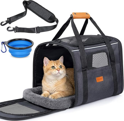 Morpilot Pet Carrier for Large Cats, Puppies & Small DogsUp to 25lbs, Escape-Proof with Locking Zippers, Dual-Sided Cushion, Safety Buckle for Car & Vet Travel, Includes Foldable Bowl (Dark Gray)