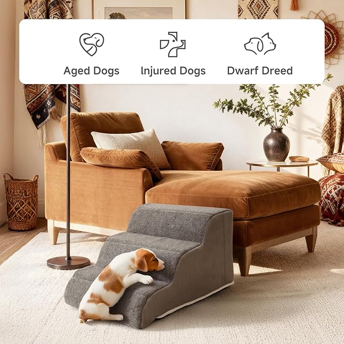 3-Step Sturdy Foam Dog Stairs with PE Support Board, Cover Removable, Pet Steps for Small to Medium Dogs & Cats, 13''H Dog Step for Sofa, Chair, or Stairs