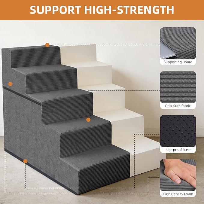Dog Stairs for Small Dogs, 22.5" H, 5-Step Pet Steps for High Bed, Non-Slip Balanced Pet Ramp for Medium Cats,Indoor Dog Ladder, Grey