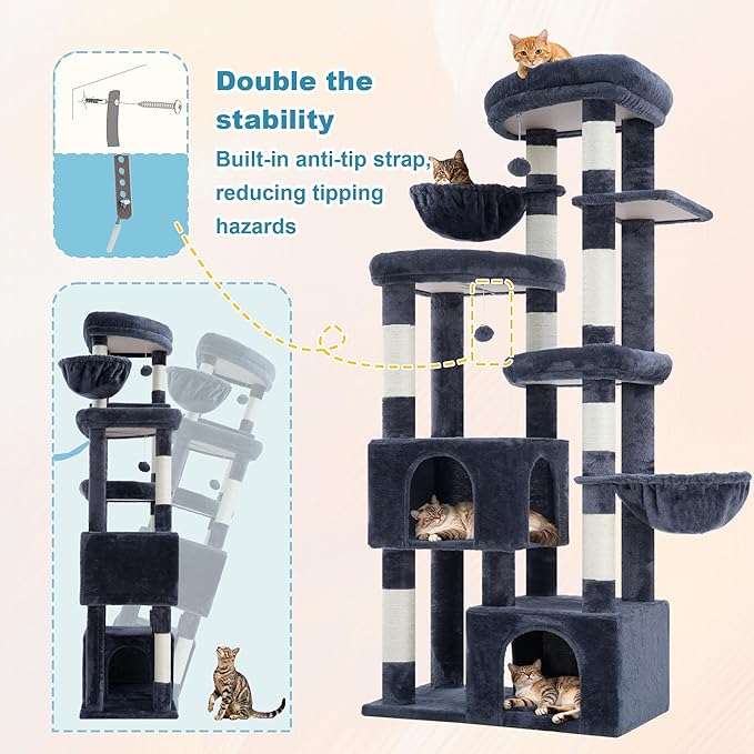 Hey-brother Cat Tree, 67.3 Inches Tower with 3 Soft Platform Beds, 2 Large Condos, 9 Sisal Scratching Posts, 2 Hammocks and Toys, Multi-Level Step House for Multiple Indoor Kittens, Smoky Gray MPJ084G