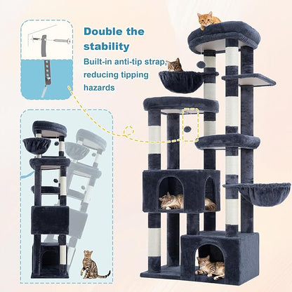 Hey-brother Cat Tree, 67.3 Inches Tower with 3 Soft Platform Beds, 2 Large Condos, 9 Sisal Scratching Posts, 2 Hammocks and Toys, Multi-Level Step House for Multiple Indoor Kittens, Smoky Gray MPJ084G