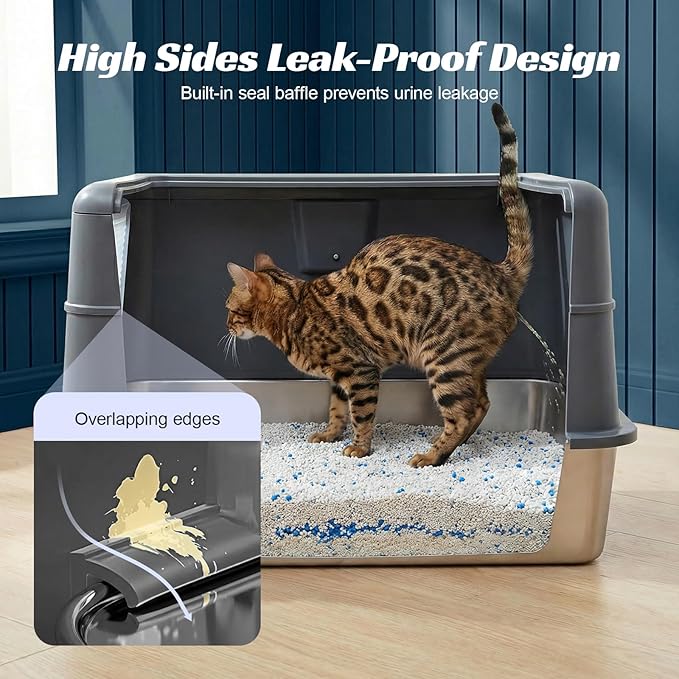 Stainless Steel Enclosed Litter Box with Lid, XL Extra Large Side Entry Metal Litter Box for Big Cats, Removable Cat Litter Box with High-Sided Enclosure, Scoop, Filter Footboard & Mat, Grey