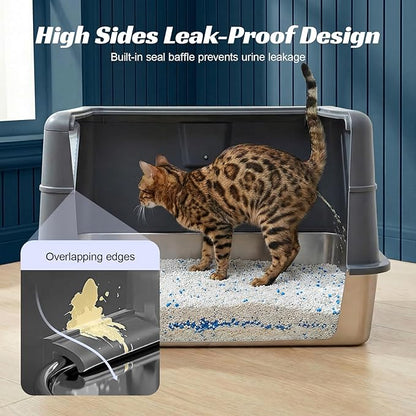 Stainless Steel Enclosed Litter Box with Lid, XL Extra Large Side Entry Metal Litter Box for Big Cats, Removable Cat Litter Box with High-Sided Enclosure, Scoop, Filter Footboard & Mat, Grey
