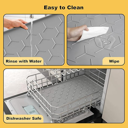 Pieviev 34''x22'' Dog Cat Food Bowl Mat, Silicone Waterproof Food Grade Pet Food Mat for Floor, High Raised Edge to Prevent Spills, Non-Slip & Easy Clean Pet Placemat for Dog & Cat Bowls, Light Gray