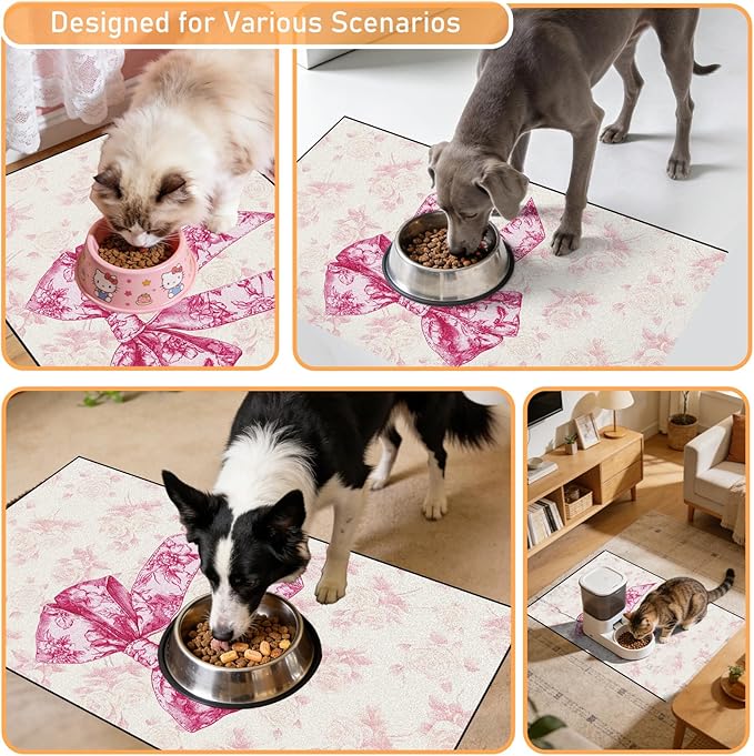 Dog Bowl Mat for Food and Water - Hamdwerk Absorbent Anti Slip Cat Feeding Mats for Floors, Quick Dry Pet Dog Feeding Matts, Diatomite Pet Dish Placemat Supplies, Coquettee Bow Style, 17 * 30in
