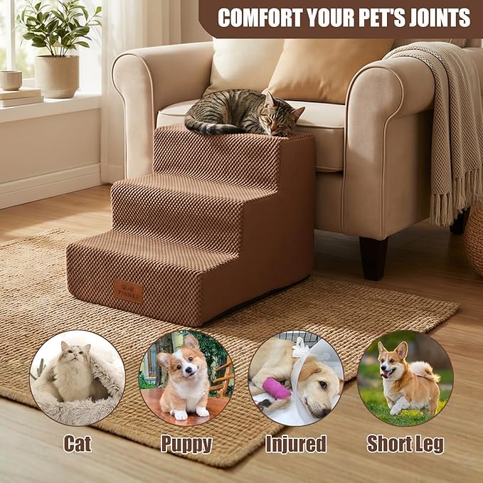 2 Pcs Dog Stairs 3-Step Dog Stairs for Bed Couch Sofa 13.5" H Pet Steps for Puppy Small Dogs Cat Puppy Small Medium Dogs (Brown, 3-Stairs 13.5" H)