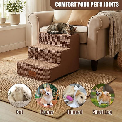 2 Pcs Dog Stairs 3-Step Dog Stairs for Bed Couch Sofa 13.5" H Pet Steps for Puppy Small Dogs Cat Puppy Small Medium Dogs (Brown, 3-Stairs 13.5" H)