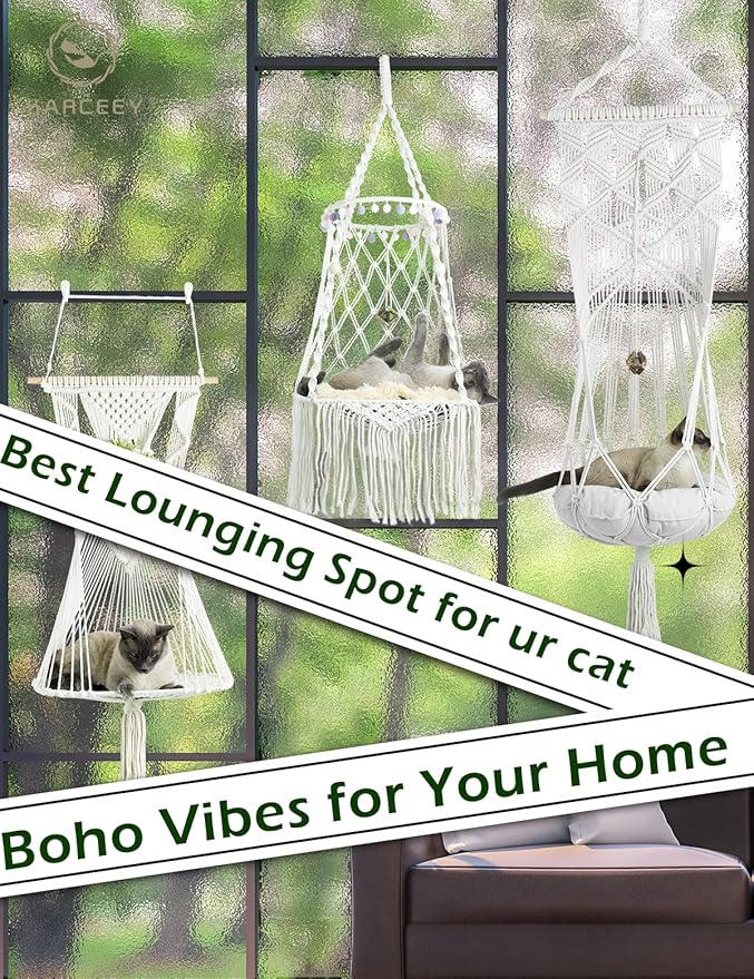 KARCEEY Macrame Cat Hammock Hanging Bed - Boho Wall Swing with Catnip Cushion for Wall Climber & Window Perch - Hardware Kit Included