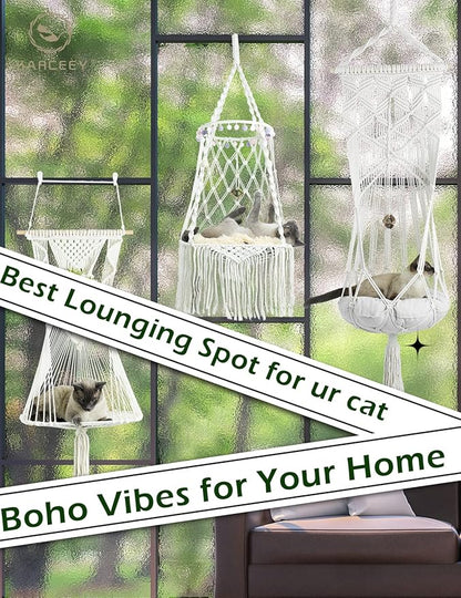 KARCEEY Macrame Cat Hammock Hanging Bed - Boho Wall Swing with Catnip Cushion for Wall Climber & Window Perch - Hardware Kit Included