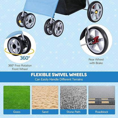 ZENY Foldable Pet Stroller, Cat/Dog Stroller with 4 Wheel, Pet Travel Carrier Strolling Cart with Storage Basket, Cup Holder (Blue)