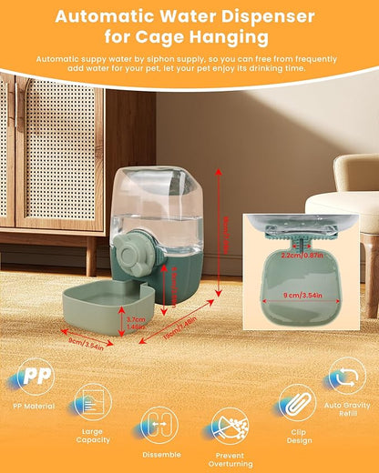 Automatic Replenish Pet Waterer, 1L Capacity Auto Siphon Gravity Cage Hanging Water Dispenser Set for Dog and Cat Small Animals, Removable Pet Water Bottle Water Container (Waterer, Green1)