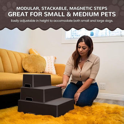 Pet Easy Steps Stairs for Small & Med Dog Cat Bed Sofa Chair - Adjustable Height & Portable - Stable with Rubberized Anti- Slip Mat & Magnetic Alignment - Easy 10 Second Setup - Espresso
