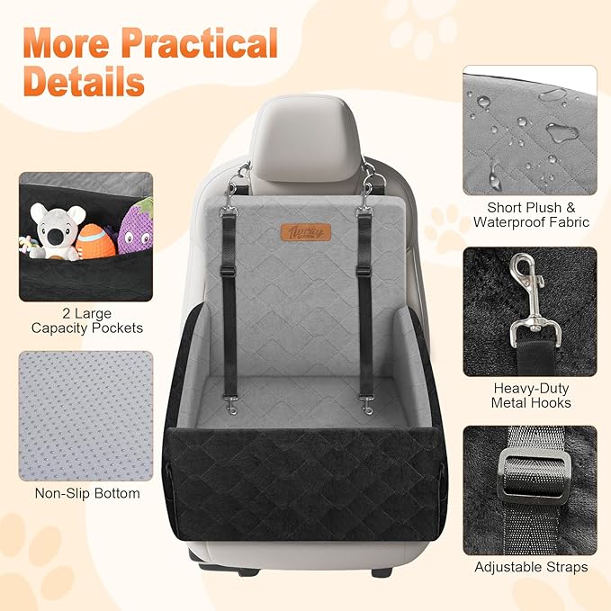 Elevated Dog Car Seat, Dog Booster Car Seats for Small & Medium Breeds Up to 35lbs, Fully Detachable and Washable, Memory Foam Pet Carseat with 2 Storage Pockets & 3 Safety Belts, Black & Gray