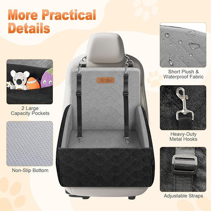 Elevated Dog Car Seat, Dog Booster Car Seats for Small & Medium Breeds Up to 35lbs, Fully Detachable and Washable, Memory Foam Pet Carseat with 2 Storage Pockets & 3 Safety Belts, Black & Gray