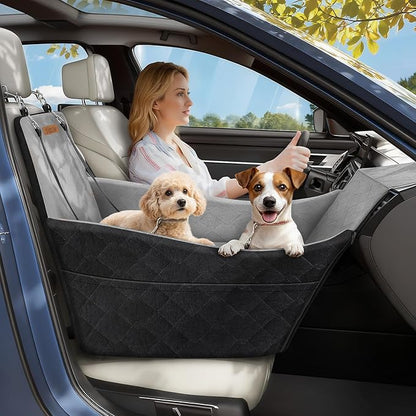 Elevated Dog Car Seat, Dog Booster Car Seats for Small & Medium Breeds Up to 35lbs, Fully Detachable and Washable, Memory Foam Pet Carseat with 2 Storage Pockets & 3 Safety Belts, Black & Gray
