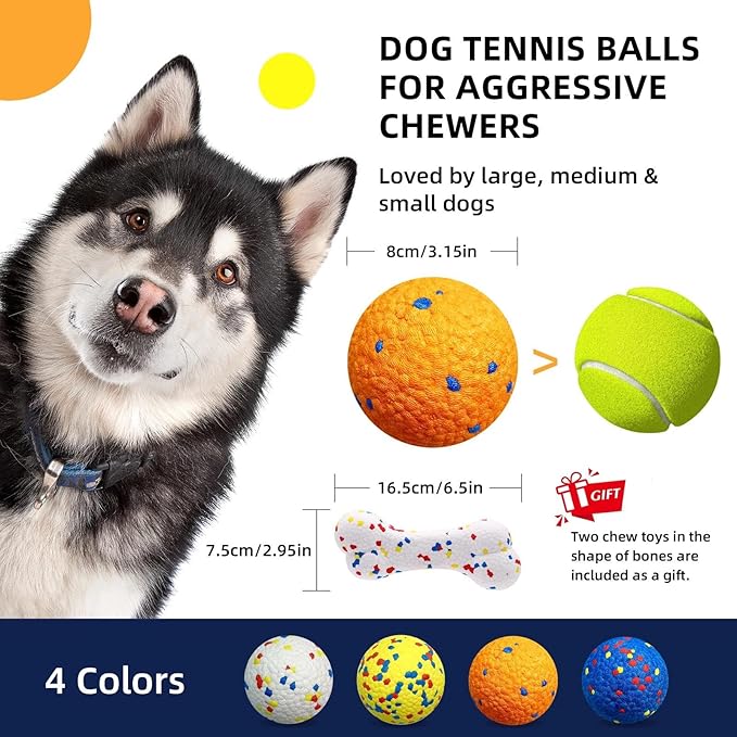 4 Pcs Large size Dog Balls（with 2 Pcs 6.5" Dog Bones）, 3.15"Tennis Ball for Aggressive Chewers, Durable Bouncy Dog Toy Balls, Teething Cleaning Chew Toys, Water Toy Fetch Ball for Large Medium Dog