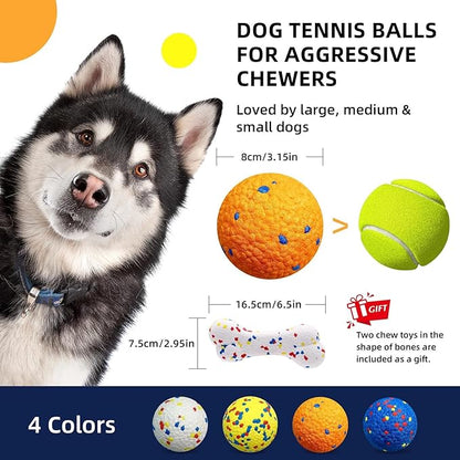 4 Pcs Large size Dog Balls（with 2 Pcs 6.5" Dog Bones）, 3.15"Tennis Ball for Aggressive Chewers, Durable Bouncy Dog Toy Balls, Teething Cleaning Chew Toys, Water Toy Fetch Ball for Large Medium Dog