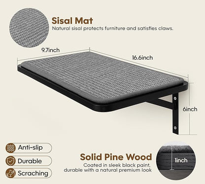 Cat Wall Shelves Set of 2, Black Solid Wood Cat Lounging Shelf with Grey Sisal Cushion, Wall-Mounted Space-Saving Climbing Shelf, Window Perch for Kittens & Cats, Black Furniture for Indoor