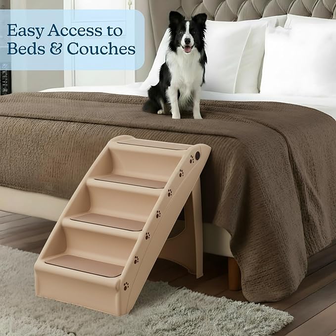 Pet Stairs - Home and Vehicle Foldable Nonslip Dog Steps with 4-Step Design - For Puppies, Kittens, and Other Small Pets by PETMAKER (Tan)