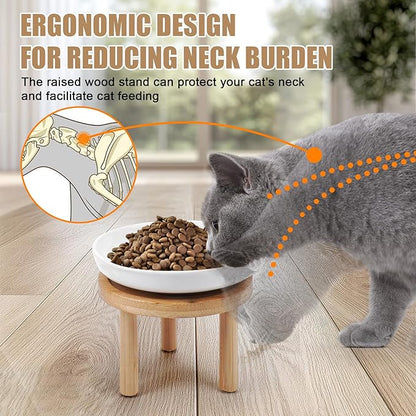 Shallow Elevated Cat Bowls with Bamboo Stand, 5.9 Inch Raised Slow Feeder Cat Bowl and Wide Ceramic Cats Bowls Whisker Friendly, 2 Pack Pet Dishes for Dry and Wet Food Dishwasher Safe