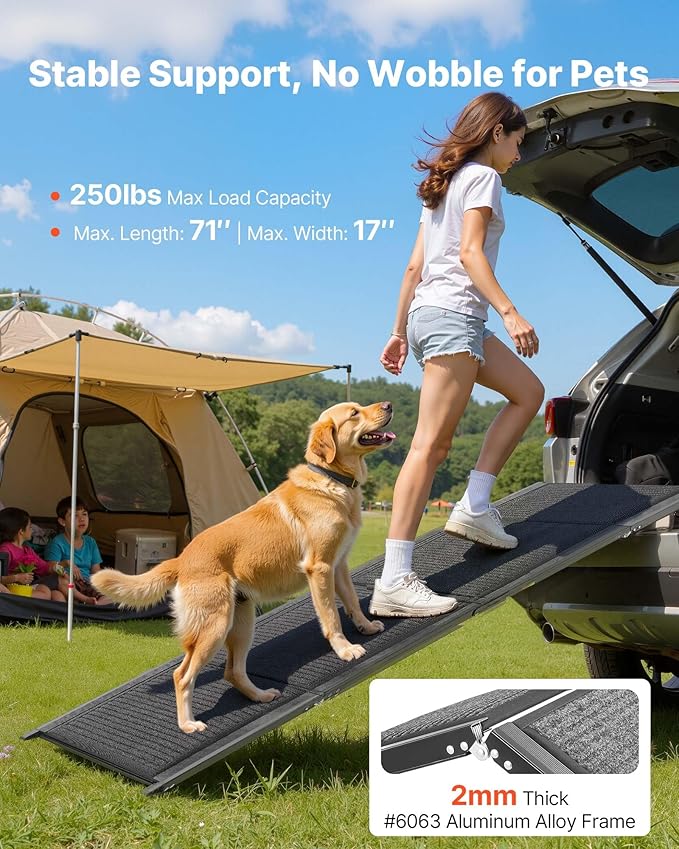 VEVOR Dog Ramp for Cars, 71" L x 17" W, Folding Pet Ramps for Medium & Large Dogs up to 250lbs, Pet Stair Ramp with Non-Slip Felt Rug Surface, Portable Outdoor Dog Car Ramps for SUV & Truck