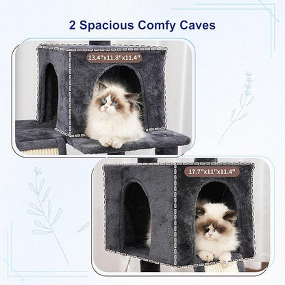 Cat Tree for Indoor Cats, 71'' (180cm) Multi-Level Cat Tower for Large Adult, Sturdy Cat Tree House with 2 Scratching Boards 7 Posts, 2 Plush Perches/Condos, Hammock, Smoky Gray GCT032G