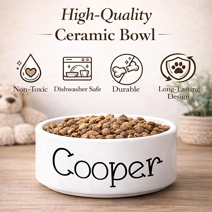 Custom Pet Bowl for Dogs & Cats | Personalized Food & Water Dish with Name | Microwave & Dishwasher Safe Ceramic Feeding Bowl | Gift Idea for Puppy, Kitten & Rabbit Owners | White – Small